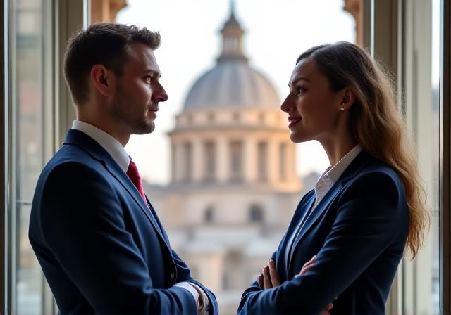 Business professionals shaking hands in a bright Rome office