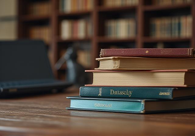 Stacked textbooks for English proficiency exams in a library environment