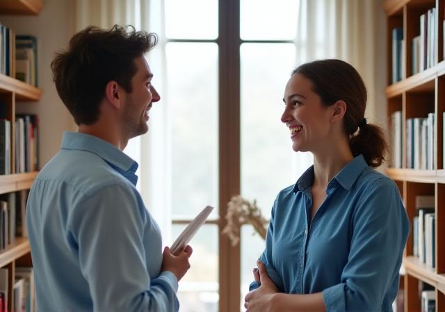 Students conversing in a bright studio environment